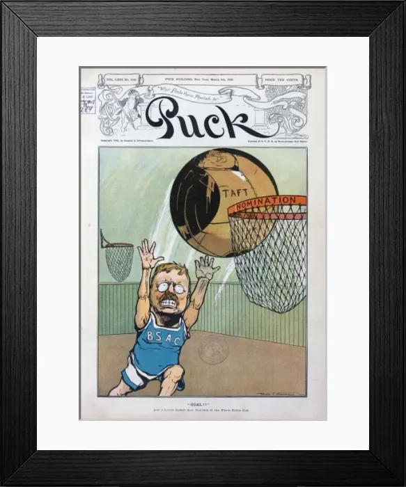 Framed Print : Goal!. Illustration shows Theodore Roosevelt wearing an athletic uniform Framed Print : Goal!. Illustration shows Theodore Roosevelt wearing an athletic uniform