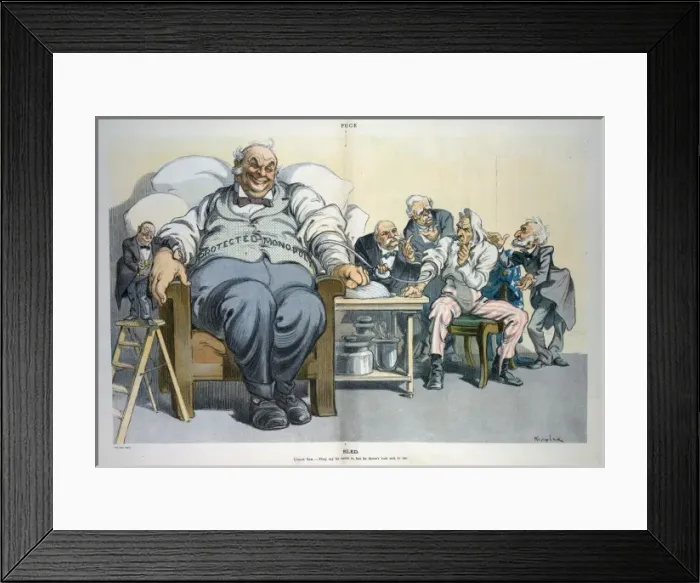 Framed Print : Bled. Illustration shows an oversized, bloated man labeled Protected Monopoly Framed Print : Bled. Illustration shows an oversized, bloated man labeled Protected Monopoly
