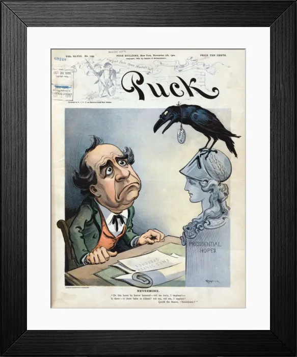 Framed Print : Nevermore. Illustration shows William Jennings Bryan sitting at a desk Framed Print : Nevermore. Illustration shows William Jennings Bryan sitting at a desk