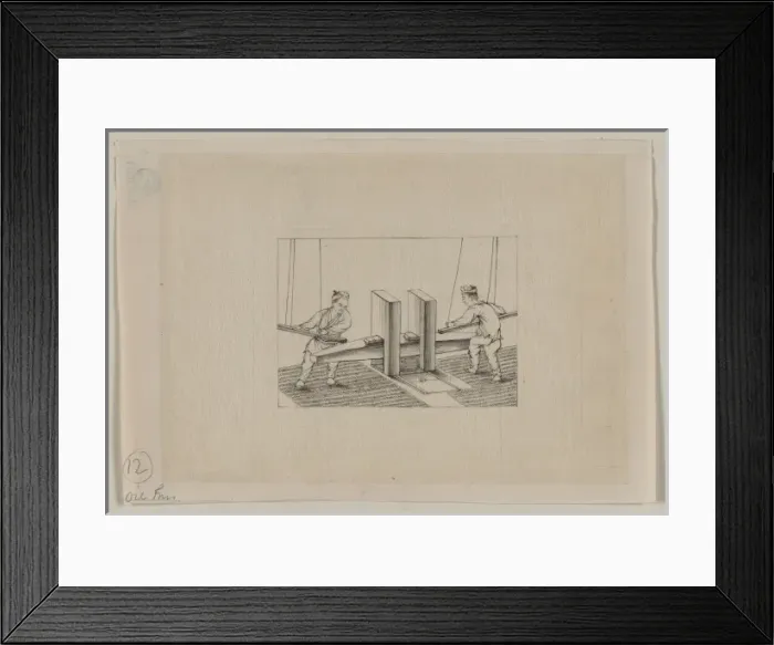 Framed Print : Oil press. Drawing shows two men using rods suspended by ropes to hit Framed Print : Oil press. Drawing shows two men using rods suspended by ropes to hit