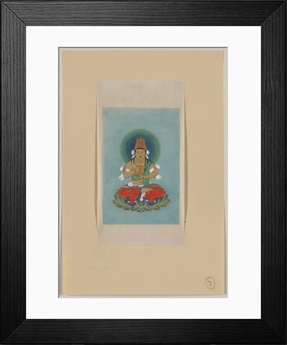 Framed Print : Religious figure sitting on a lotus, facing front, with blue Framed Print : Religious figure sitting on a lotus, facing front, with blue
