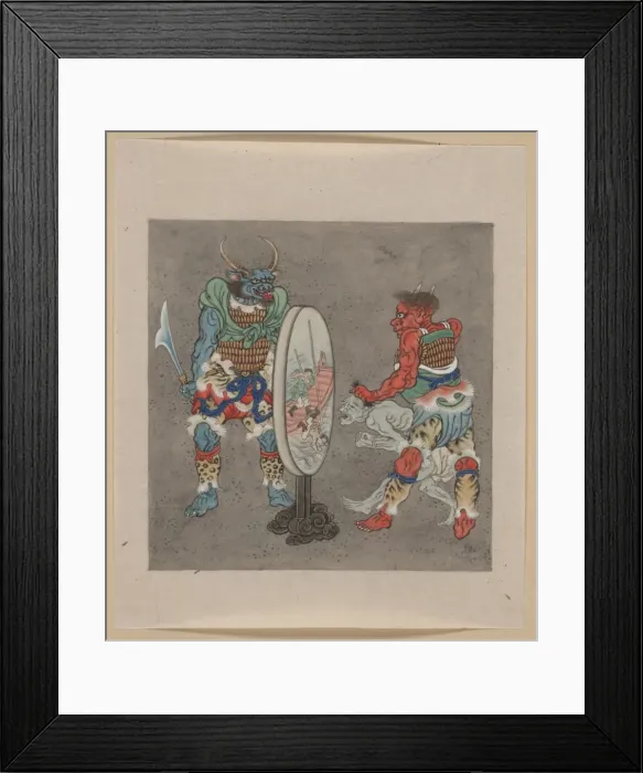 Framed Print : Two mythological Buddhist or Hindu figures, one holding a ca