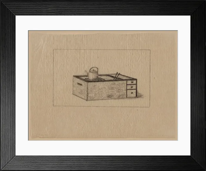 Framed Print : Box (stove) with drawers, open at top showing grill or hibac Framed Print : Box (stove) with drawers, open at top showing grill or hibac