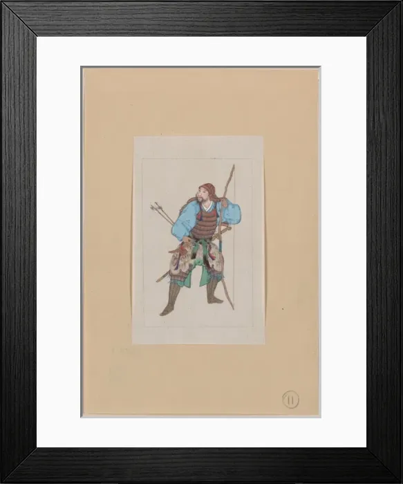 Framed Print : Samurai, standing, facing left, wearing armor and holding a Framed Print : Samurai, standing, facing left, wearing armor and holding a