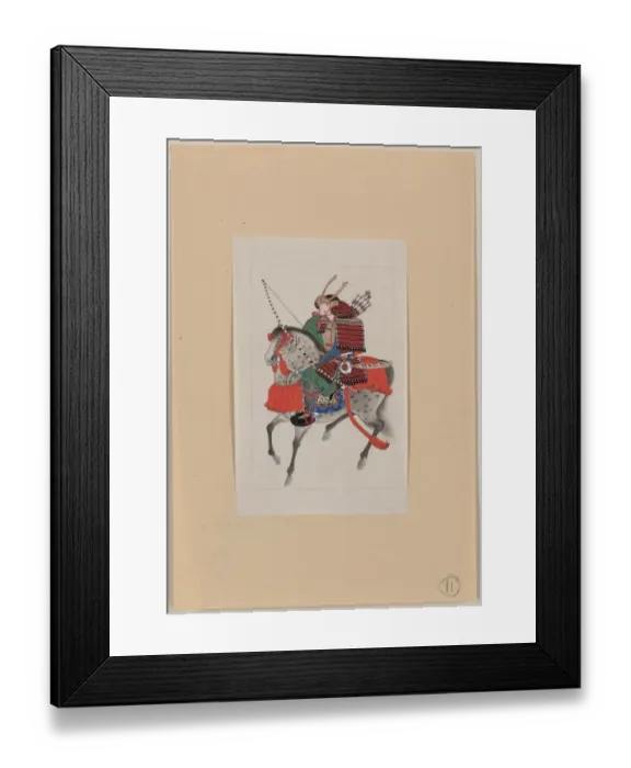 Framed Print : Samurai on horseback, wearing armor and horned helmet, carry Framed Print : Samurai on horseback, wearing armor and horned helmet, carry
