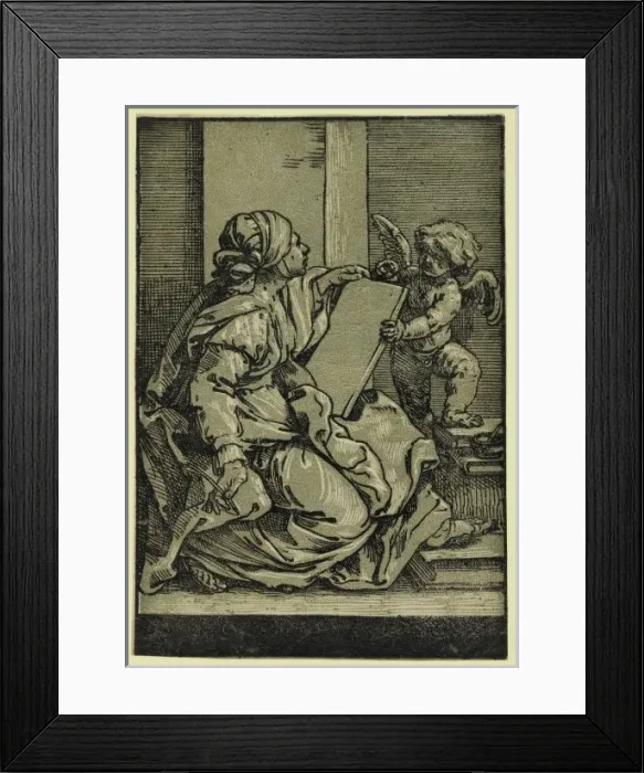 Framed Print : Sibyll. Print shows a seated woman holding a tablet and quill, conversing with a putto Framed Print : Sibyll. Print shows a seated woman holding a tablet and quill, conversing with a putto
