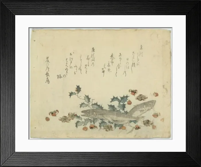 Framed Print : Sardines and plums on holly Framed Print : Sardines and plums on holly