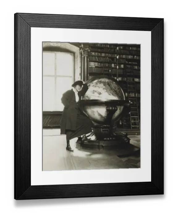 Framed Print : Helen Johns Kirtland leaning on a globe Framed Print : Helen Johns Kirtland leaning on a globe