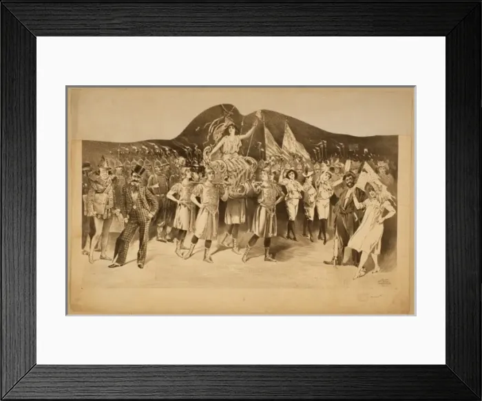Framed Print : Woman draped in flag carried by women in Roman costume, surr Framed Print : Woman draped in flag carried by women in Roman costume, surr