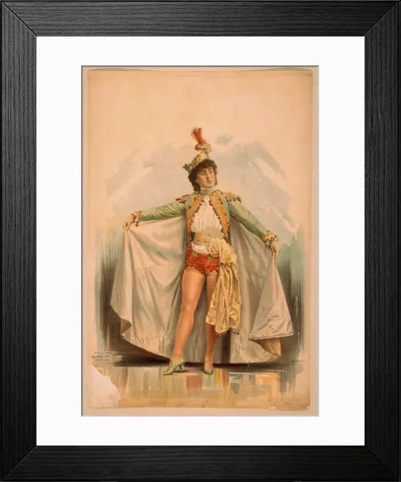 Framed Print : Asian woman in shorts, cape, and feathered hat Framed Print : Asian woman in shorts, cape, and feathered hat