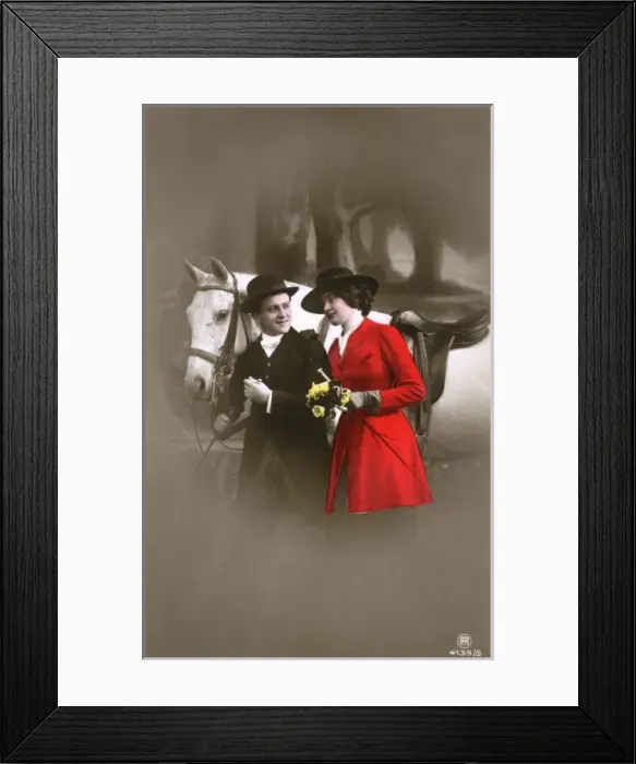 Framed Print : Couple on a romantic walk with their horse Framed Print : Couple on a romantic walk with their horse