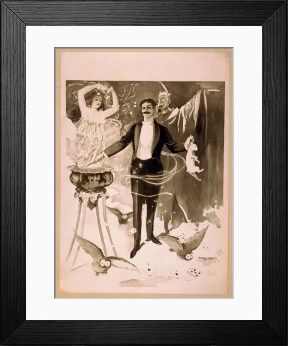Framed Print : Magician holding rabbit and conjuring spirit surrounded by d Framed Print : Magician holding rabbit and conjuring spirit surrounded by d