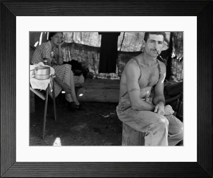 Framed Print : Unemployed lumber worker goes with his wife to the bean harv Framed Print : Unemployed lumber worker goes with his wife to the bean harv