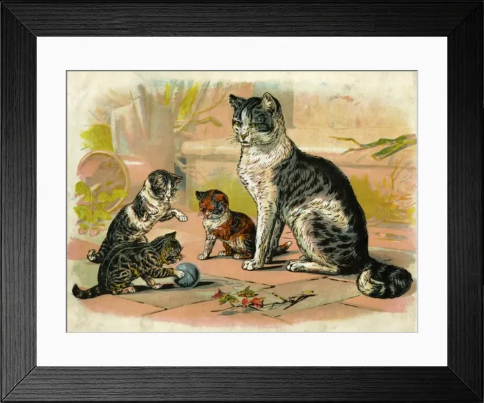 Framed Print : Cat and kittens with ball of wool Framed Print : Cat and kittens with ball of wool