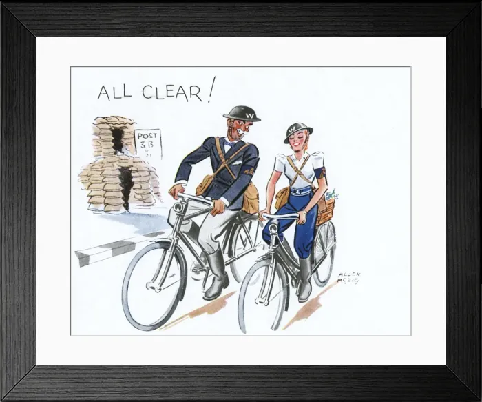 Framed Print : All Clear by Helen McKie - ARP wardens on bicycles Framed Print : All Clear by Helen McKie - ARP wardens on bicycles