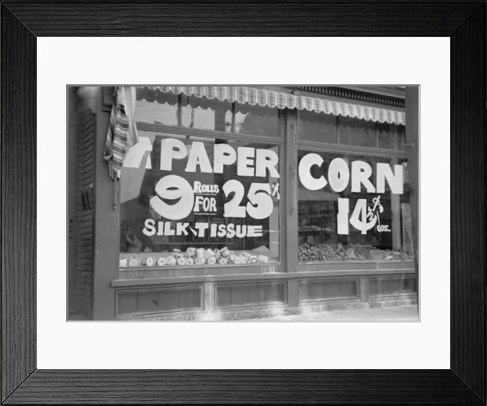 Framed Print : A sign in grocery store window PAPER - 9 rolls for 25 cents Framed Print : A sign in grocery store window PAPER - 9 rolls for 25 cents