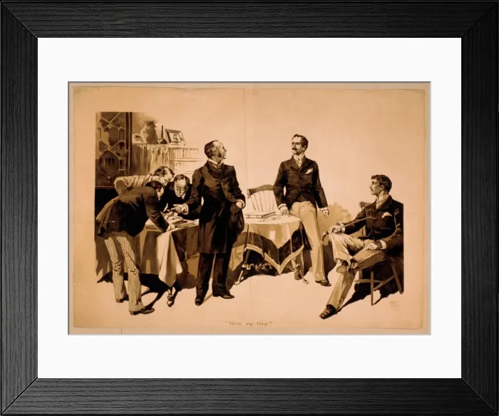 Framed Print : Men examining ledgers with two men to side, one wearing expr Framed Print : Men examining ledgers with two men to side, one wearing expr