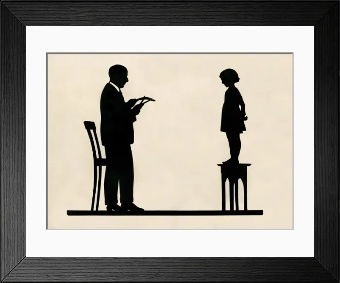 Framed Print : Silhouette portrait of H. L. Oakley cutting a silhouette por Framed Print : Silhouette portrait of H. L. Oakley cutting a silhouette por