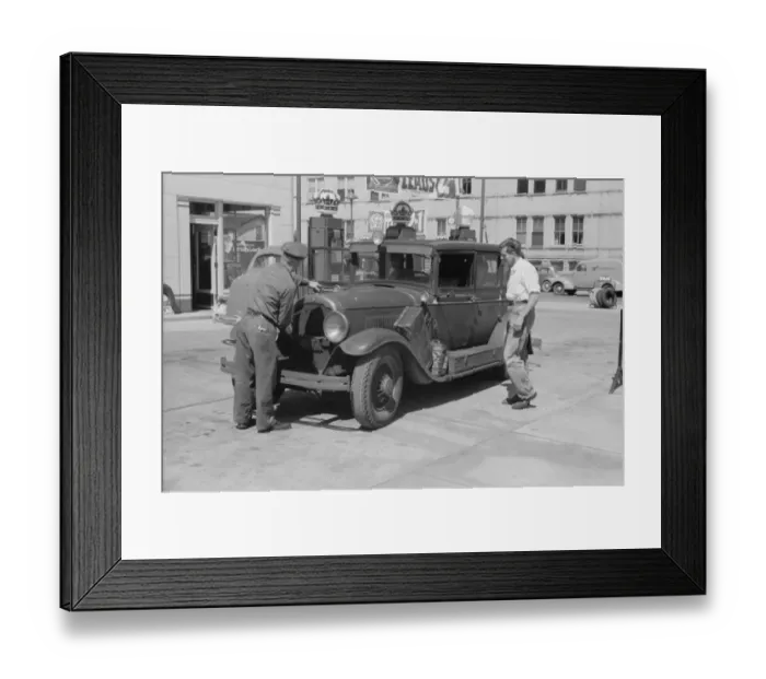 Framed Print : Auto of migrant fruit worker at gas station, Sturgeon Bay, W Framed Print : Auto of migrant fruit worker at gas station, Sturgeon Bay, W