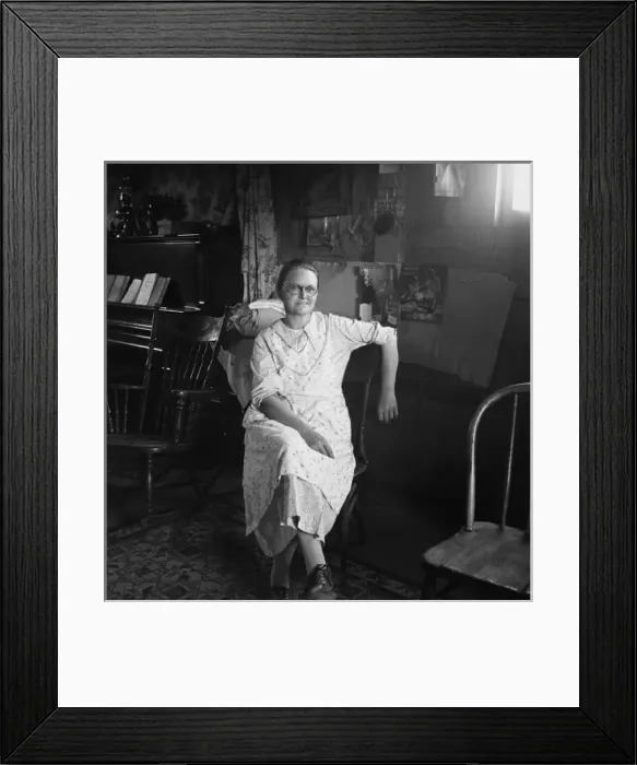 Framed Print : Mrs. Hull, in one room basement dugout home, late afternoon Framed Print : Mrs. Hull, in one room basement dugout home, late afternoon