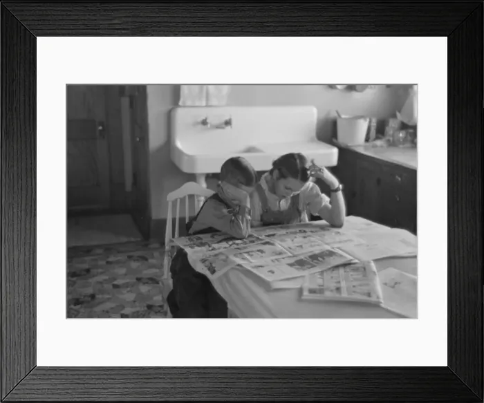 Framed Print : Children reading Sunday papers, Rustan brothers farm near D Framed Print : Children reading Sunday papers, Rustan brothers farm near D
