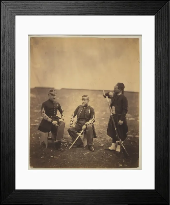 Framed Print : Two French officers, seated, and Zouave, standing with arm r Framed Print : Two French officers, seated, and Zouave, standing with arm r