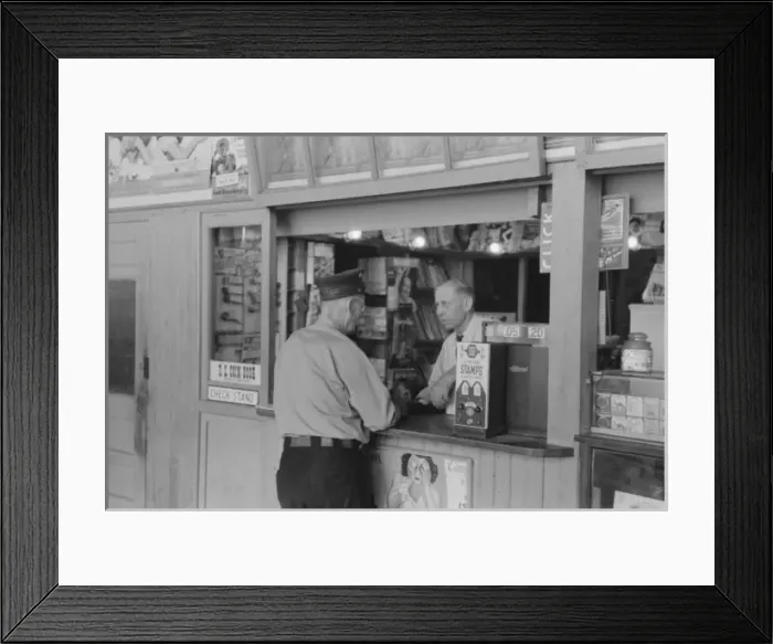Framed Print : Tobacco dealer waiting on motorman at streetcar terminal, Ok Framed Print : Tobacco dealer waiting on motorman at streetcar terminal, Ok