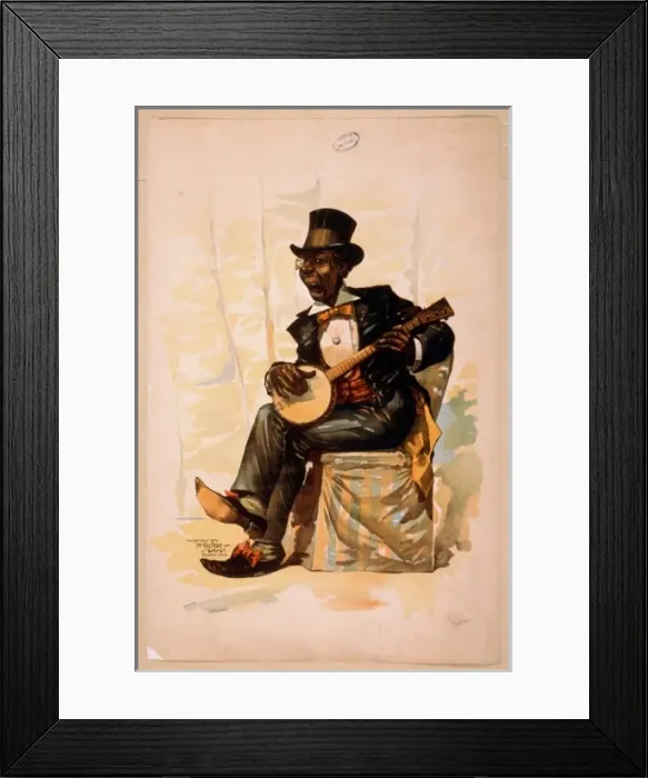 Framed Print : African American in tuxedo and top hat, seated, playing banj Framed Print : African American in tuxedo and top hat, seated, playing banj