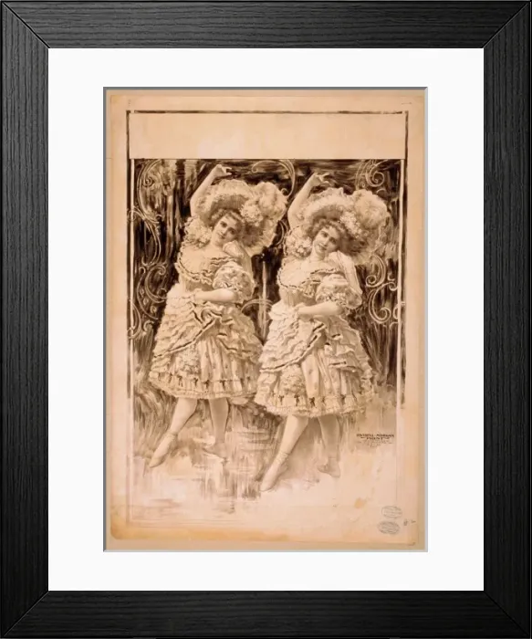 Framed Print : Two women dancing in ruffled costumes and hats Framed Print : Two women dancing in ruffled costumes and hats