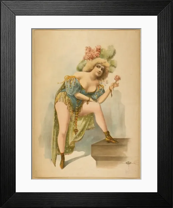 Framed Print : Woman wearing low cut green, blue, and yellow costume with f Framed Print : Woman wearing low cut green, blue, and yellow costume with f