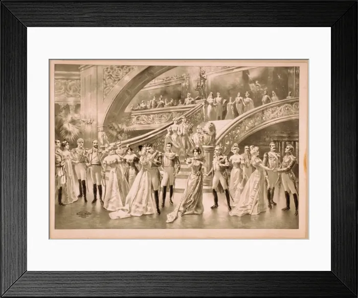 Framed Print : Women in ball gowns and men in military uniforms observing e Framed Print : Women in ball gowns and men in military uniforms observing e