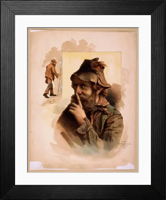 Framed Print : Half length image of bearded tramp in hat, touching finger t Framed Print : Half length image of bearded tramp in hat, touching finger t