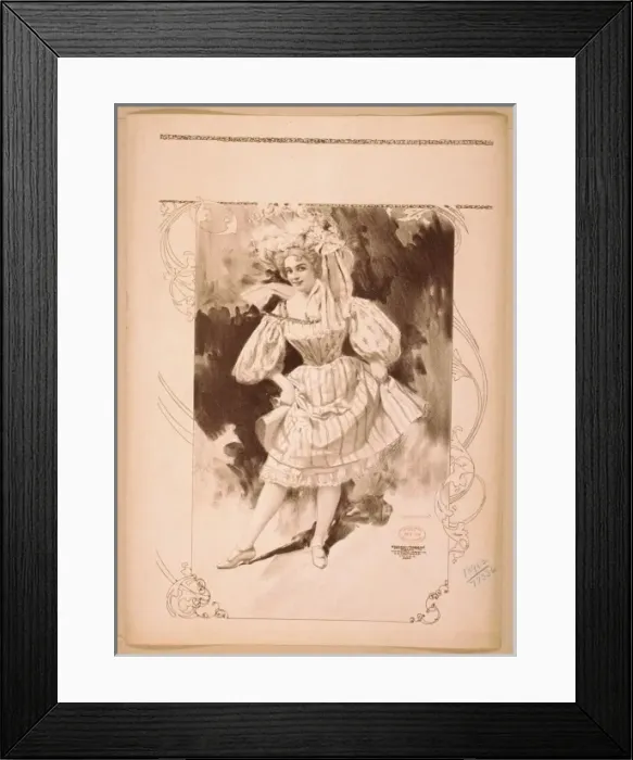 Framed Print : Woman wearing large hat and short skirted dress, holding up Framed Print : Woman wearing large hat and short skirted dress, holding up