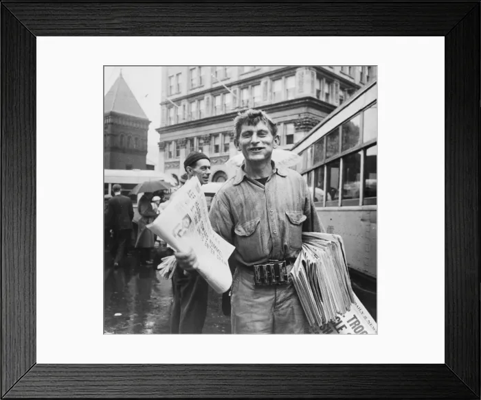 Framed Print : Lancaster, Pennsylvania. Newsman at Center Square on a rainy Framed Print : Lancaster, Pennsylvania. Newsman at Center Square on a rainy