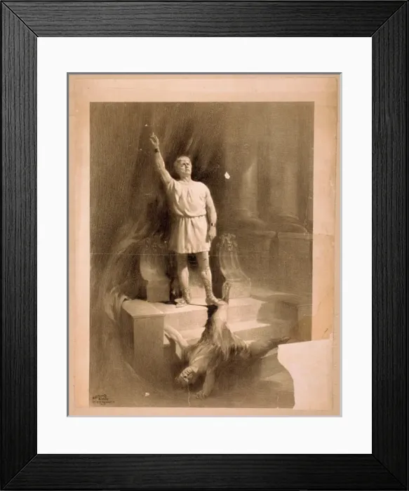 Framed Print : Man dresses as Roman with raised arm standing on steps above Framed Print : Man dresses as Roman with raised arm standing on steps above