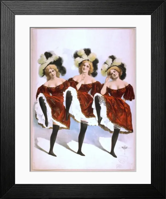 Framed Print : Three dancing women in red costumes and feathers Framed Print : Three dancing women in red costumes and feathers