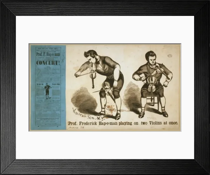 Framed Print : Prof. Frederick Hap-e-man playing on two violins at once Framed Print : Prof. Frederick Hap-e-man playing on two violins at once