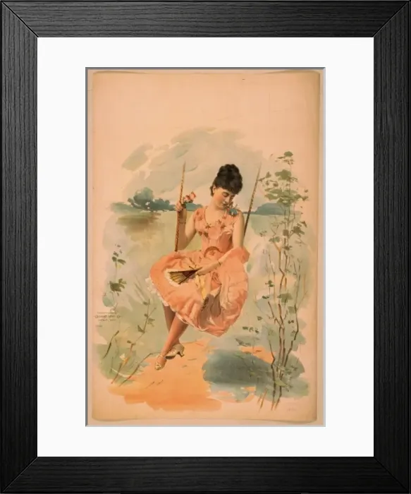 Framed Print : Woman wearing pink dress, holding fan, and sitting on swing Framed Print : Woman wearing pink dress, holding fan, and sitting on swing
