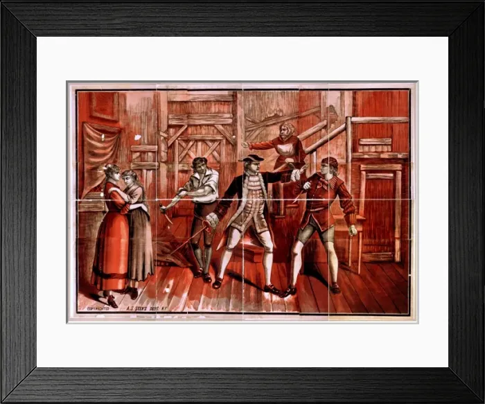 Framed Print : Men fighting with daggers & sword while two women stand to s