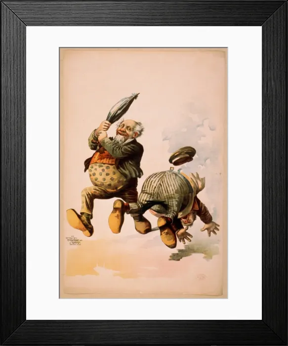 Framed Print : Man holding umbrella and another man falling Framed Print : Man holding umbrella and another man falling