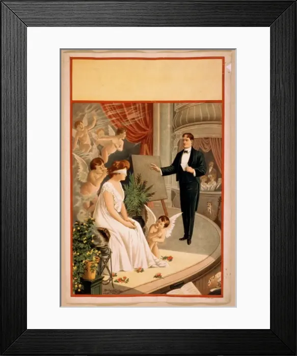 Framed Print : Hypnotist and blindfolded woman with angels on stage Framed Print : Hypnotist and blindfolded woman with angels on stage