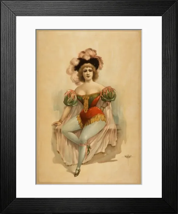 Framed Print : Woman wearing brief costume, blue tights, pink cape with fea Framed Print : Woman wearing brief costume, blue tights, pink cape with fea
