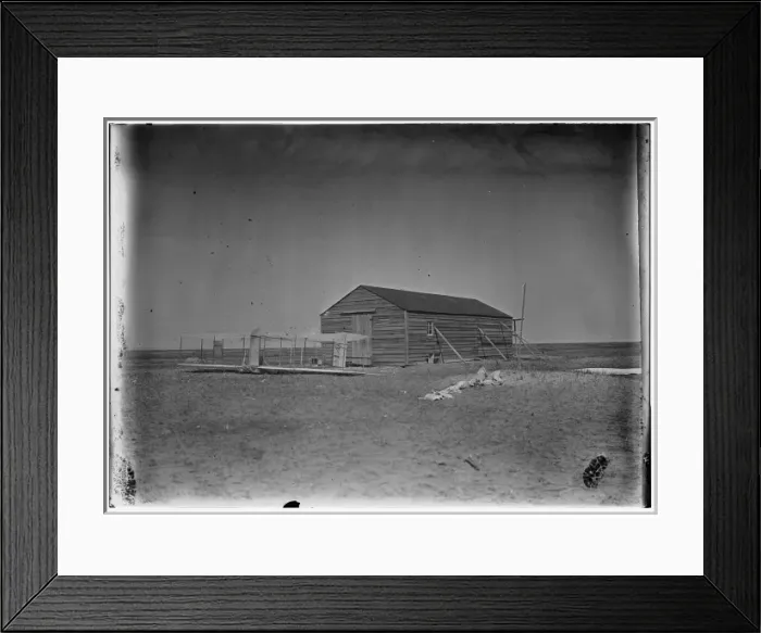 Framed Print : Front view of glider outside camp building at Kitty Hawk, No Framed Print : Front view of glider outside camp building at Kitty Hawk, No