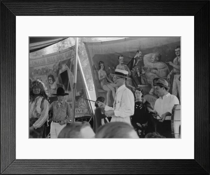 Framed Print : Barker at sideshow with performers, state fair, Donaldsonvil Framed Print : Barker at sideshow with performers, state fair, Donaldsonvil