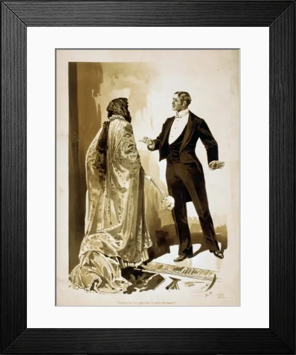 Framed Print : Man in tuxedo questioning woman in cloak & gloves Framed Print : Man in tuxedo questioning woman in cloak & gloves