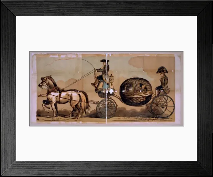 Framed Print : Dwarf in military uniform riding in walnut shell coach Framed Print : Dwarf in military uniform riding in walnut shell coach