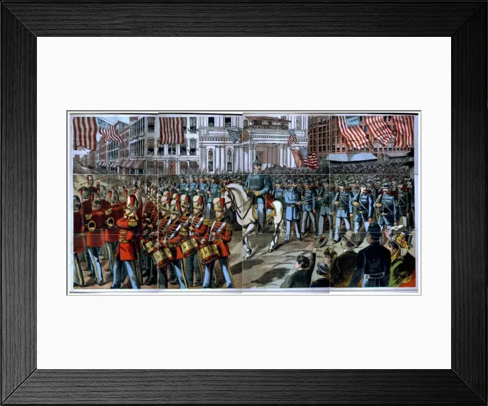 Framed Print : Union soldiers and band marching through a city street on th Framed Print : Union soldiers and band marching through a city street on th
