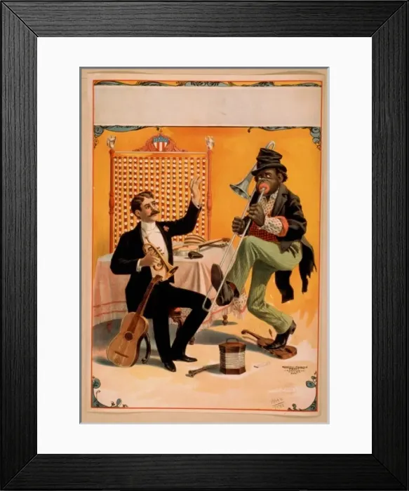 Framed Print : Man seated holding horn with arm raised and African American Framed Print : Man seated holding horn with arm raised and African American