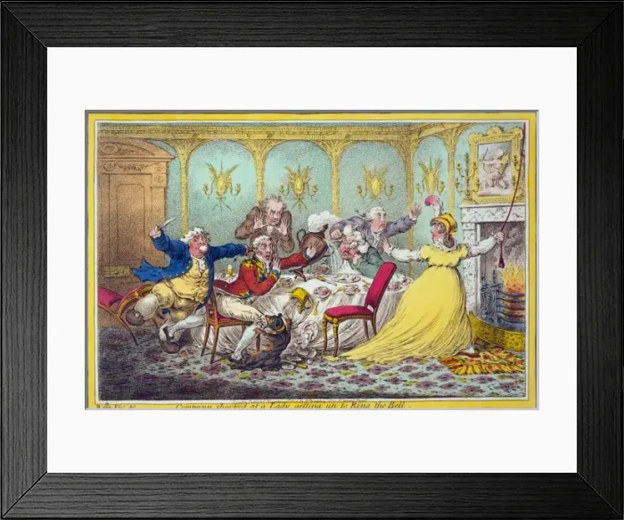 Framed Print : Company shocked at a lady getting up to ring the bell Framed Print : Company shocked at a lady getting up to ring the bell