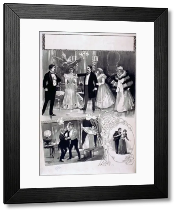 Framed Print : Vignettes of ballroom scene, stabbing attempt, and a couple Framed Print : Vignettes of ballroom scene, stabbing attempt, and a couple